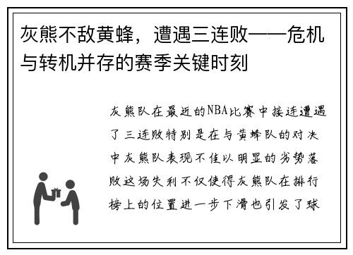 灰熊不敌黄蜂，遭遇三连败——危机与转机并存的赛季关键时刻